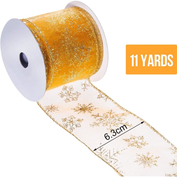 2 Pack 2.5 Inch 11 Yards Organza Ribbon Clear Glitter Threaded Snowflake with Spool for Christmas Decorations, Gift Wrapping, Party Decor (Gold)