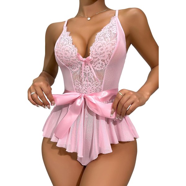 osy Sexig bygel söt transparent Kawaii strumpeband underkläder set behå och trosor 3 delar teddy bälte rosa stor