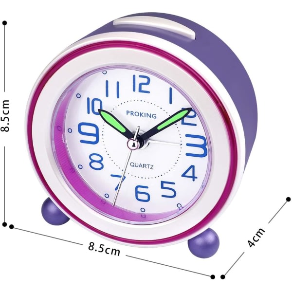Klassinen herätyskello lapsille, analoginen herätyskello, hiljainen herätyskello, jossa hehkuvat viisarit ja yövalo pojille, tytöille ja vauvoille (violetti)