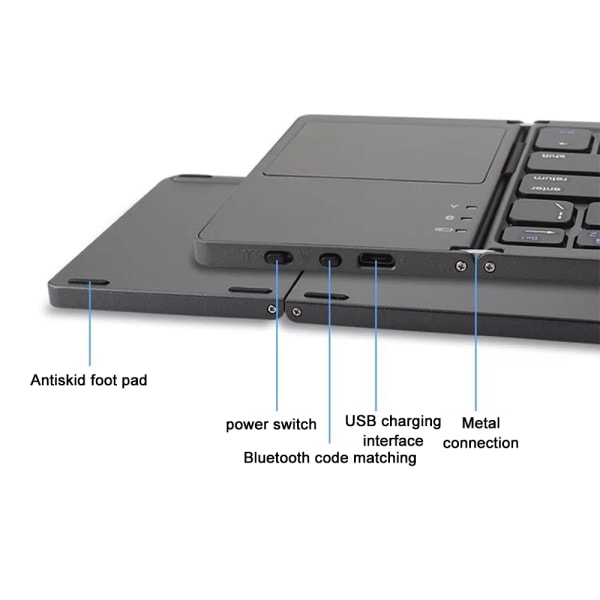 Tri-Fold Bluetooth-tastatur, Bluetooth bærbar mini trådløst tastatur med touchpad-mus - Sort