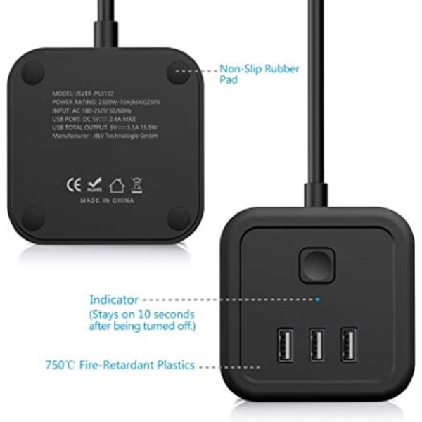 TG Black, USB-strømskinne 3 stikkontakter med 3 USB-porter reiselader (5