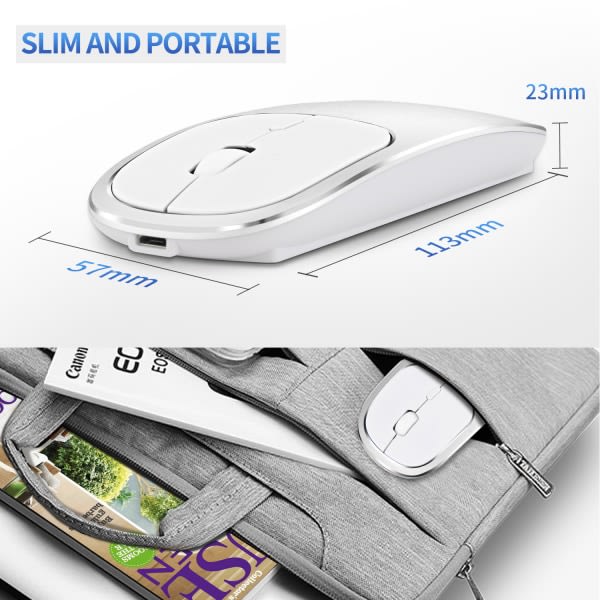 Uppladdningsbar 2,4 GHz trådlös Bluetooth mus, Silent Click Dual Mode, kompatibel med bärbar dator, PC, MacBook (silverfärg)