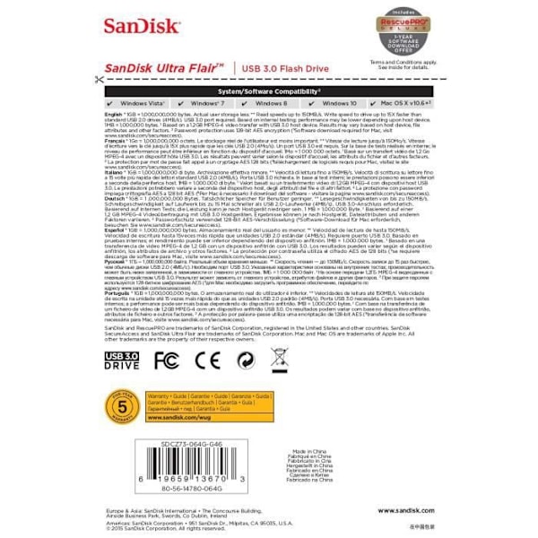 SanDisk Ultra Flair 64 Gt USB 3.0 -muistitikku, jopa 150 Mt/s