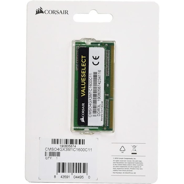 Muisti RAM - CORSAIR - ValueSelect DDR3L - 4GB 1x4GB DIMM - 1600 MHz - 1.35V (CMSO4GX3M1C1600C)