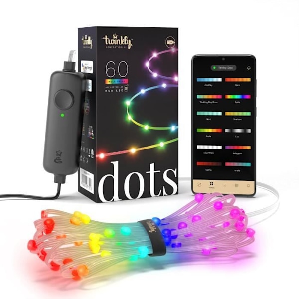 Twinkly Dots - Liikkuva LED-valoköynnös 60 RGB LEDiä, 3 metriä. Läpinäkyvä johto.