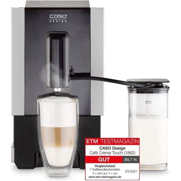 CASO Cafe Crema Touch Automatisk kaffemaskin med slang och mjölkbehållare, steglöst justerbar konisk kvarn, färdig att dricka