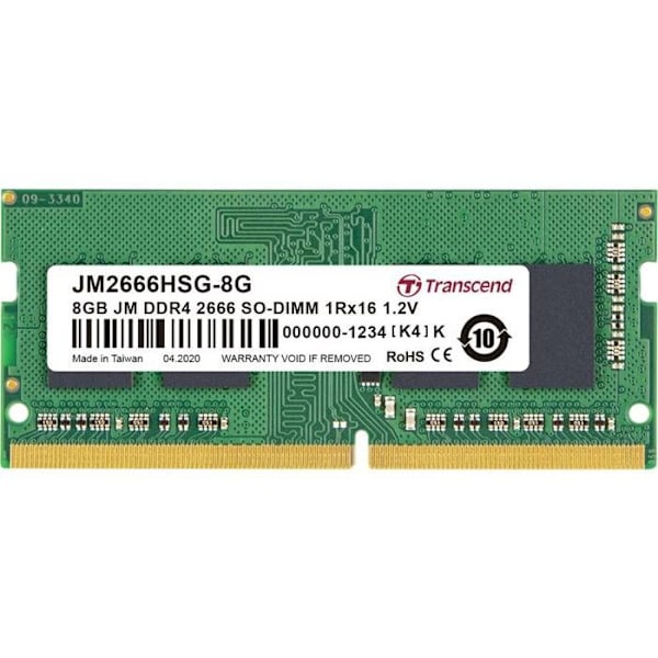 TRANSCEND 8GB JM DDR4 2666Mhz SO-DIMM 8GB JM DDR4 2666Mhz SO-DIMM 1Rx16 1Gx16 CL19 1.2V -