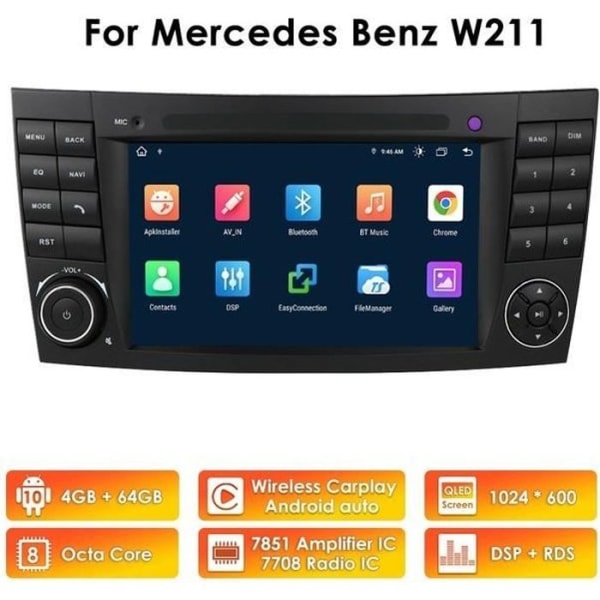 2Din CarPlay Auto Android 10 Bilradio för Mercedes Benz E Class W211 CLK W209 CLS W219 E200 E220 4G+64G DSP RDS GPS Stere Wifi