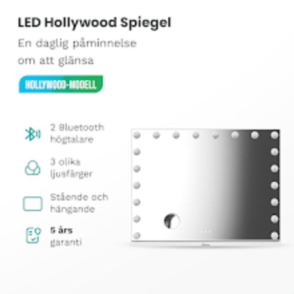 Mirlux Hollywood sminkspegel med LED belysning - Bluetooth högtalare - 10X förstoring - upphängd - Vit - 80X60cm Vit