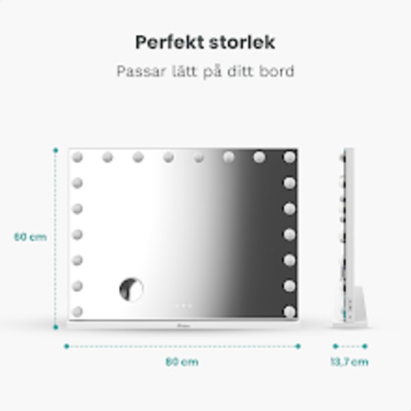 Mirlux Hollywood sminkspegel med LED belysning - Bluetooth högtalare - 10X förstoring - upphängd - Vit - 80X60cm Vit