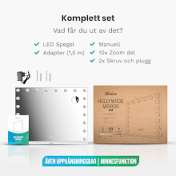 Mirlux Hollywood sminkspegel med LED belysning - Bluetooth högtalare - 10X förstoring - upphängd - Vit - 80X60cm Vit