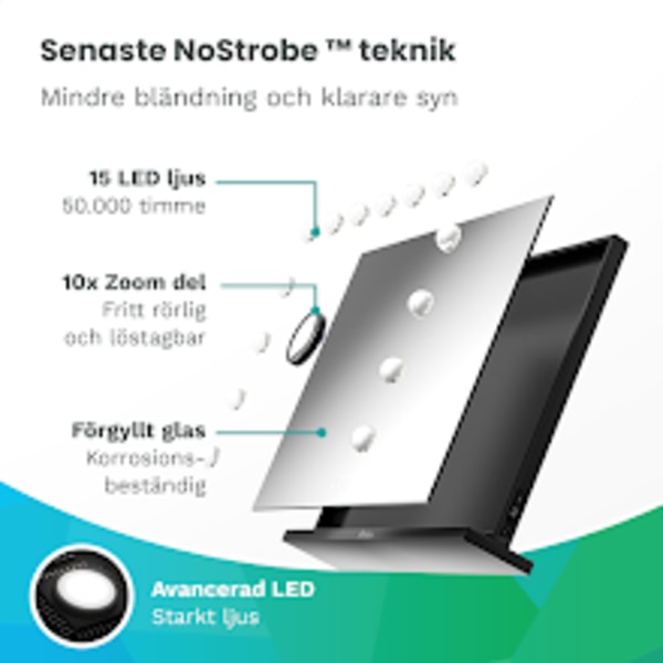 Mirlux Hollywood sminkspegel - LED-belysning - 10x zoom - upphängd - svart - 58x48cm Black