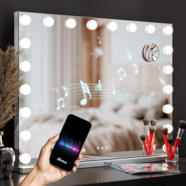 Mirlux Hollywood sminkspegel med LED belysning - Bluetooth högtalare - 10X förstoring - upphängd - Vit - 80X60cm Vit