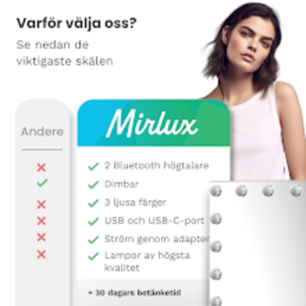 Mirlux Hollywood sminkspegel med LED belysning - Bluetooth högtalare - 10X förstoring - upphängd - Vit - 80X60cm Vit