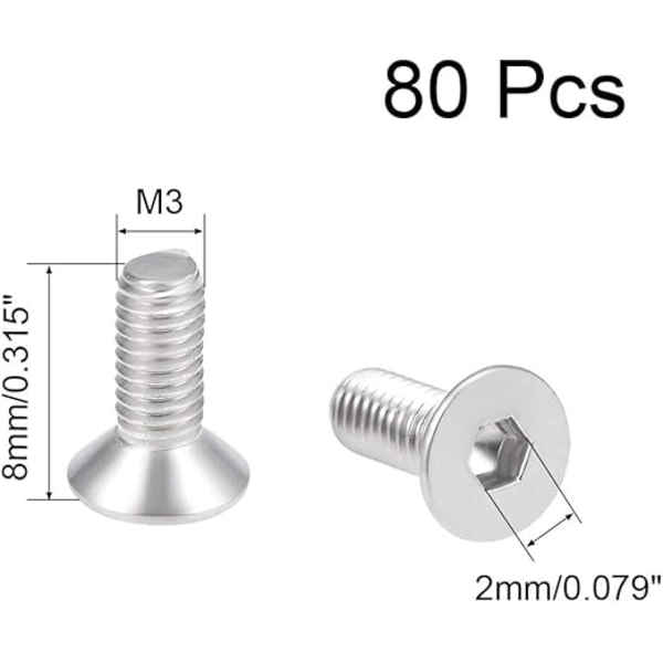 M3x8mm Platt Huvud Maskinskruvar Inre Sexkantsskruv 304 Rostfritt Stål Fästelement Bultar 80st