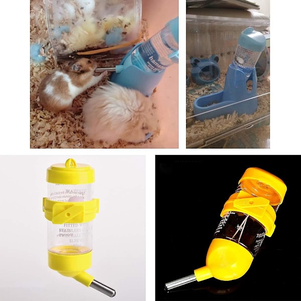 3-i-1 Hängande Vattenflaska för Hamster, Automatisk Husdjursdispenser med Bas för Dvärghamster Mus Råtta Igelkott - Gul 80ml