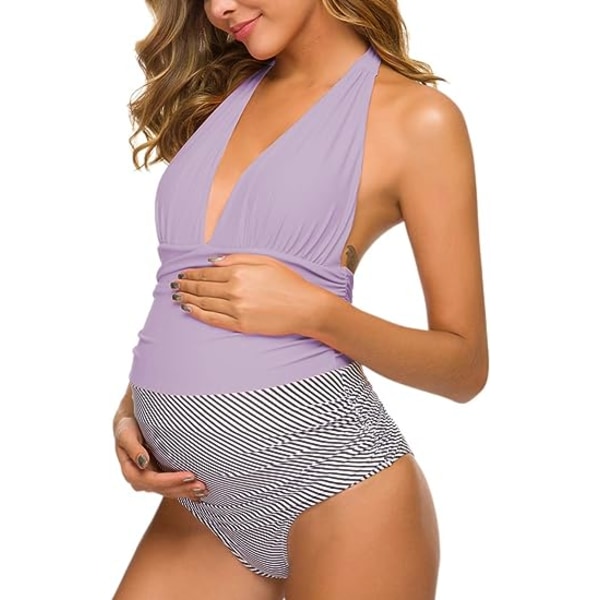 Gravidbaddräkter i ett stycke Stripe Halter Badkläder Djup V-ringad Monokini Baddräkter med hög midja Lila (2XL Purple 2XL