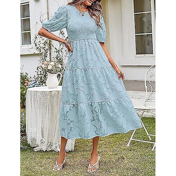 Dame 2023 Sommer Puff Erme Smock Blomsterkjole Rund Hals Blonde Midi Kjoler Casual Kjoler For Damer