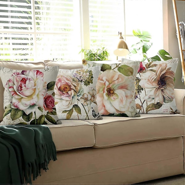 Sæt med 4 Retro Rose Blomst Beige Sofapuder Vaskbart Polyester Hør Tekstil Dekorativ - ya01