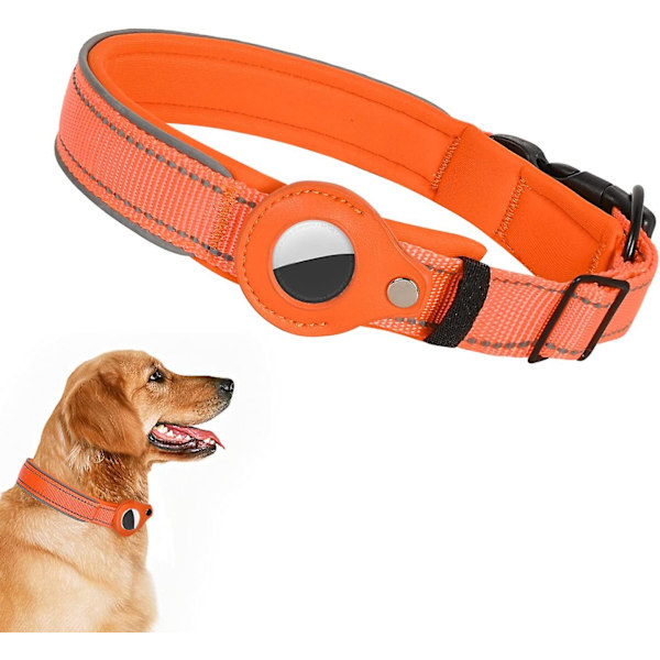 Reflekterande Hundhalsband med AirTag-hållare, Kompatibel Hållare, för Medelstora och Stora Hundar, Säkerhetsspänne, Kraftigt Justerbart Mjukt & Bekvämt, Heytea, Orange