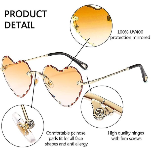 Hjertesolbriller Kantløse tyndt metalstel Hjerteformede solbriller Søde briller Uv400 til kvinder Orange
