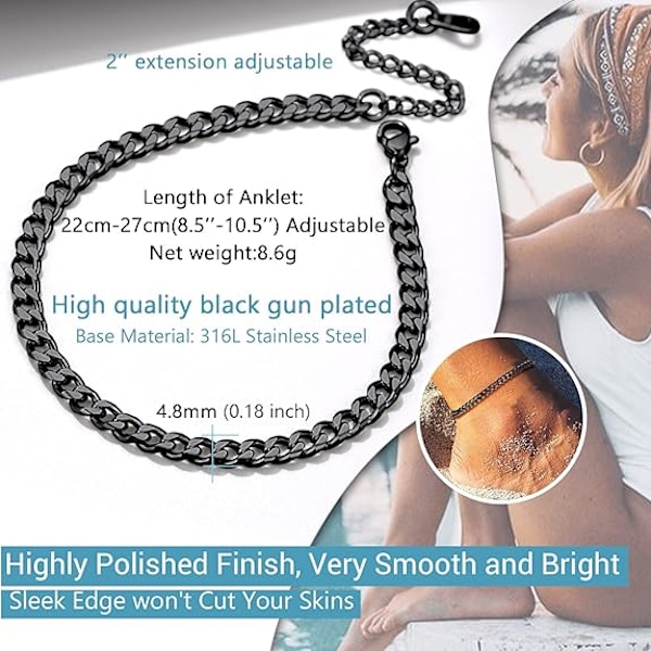 Nilkkakoru Kuubalainen teräs nilkkakoru pituus 22 cm, leveys 4,8 mm, musta