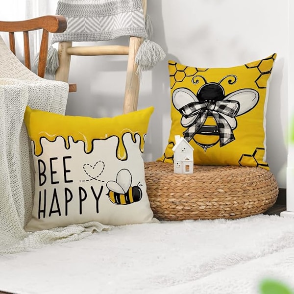 Bee Happy Bee Kind Prydnadskuddar, 45 x 45 cm Honung och Bi Sommar Kuddfodral Dekoration för Soffa Soffgrupp Set om 4