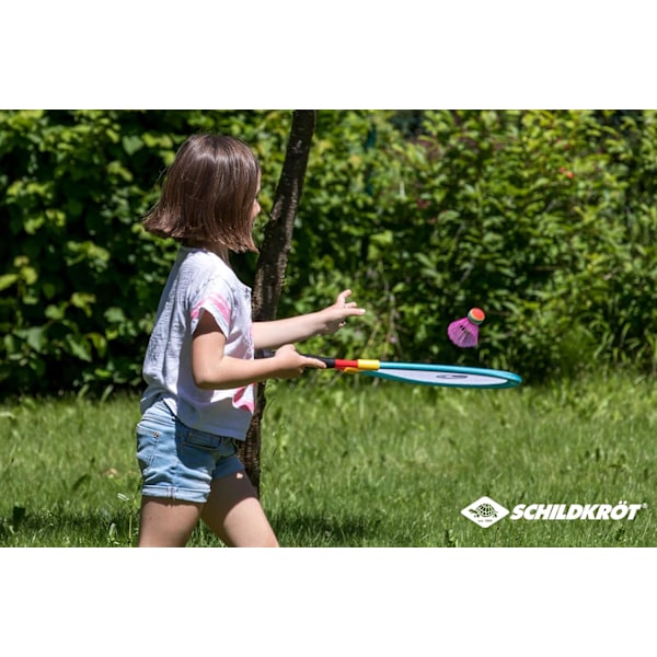 Racketset, jumbobadminton, två extra stora badmintonracketar XL med stretchnät, mjuk boll och färgade fjäderbollar