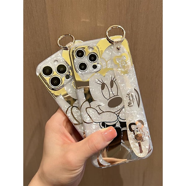 Tegneserie-deksel til iPhone 15 Pro Max, Søtt Gullfarget Mickey Glitter-deksel med Metallkjedestropp, Håndleddsstropp Stativ Myk