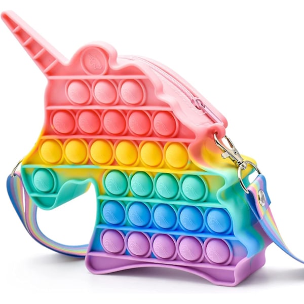Pop Axelväska Fidget Leksak Regnbåge Enhörning Pop Fidget Väska Leksak Silikon Pop Bubbla Sensorisk Fidget Leksak Skolmaterial Födelsedagsfest Favörer för Flickor