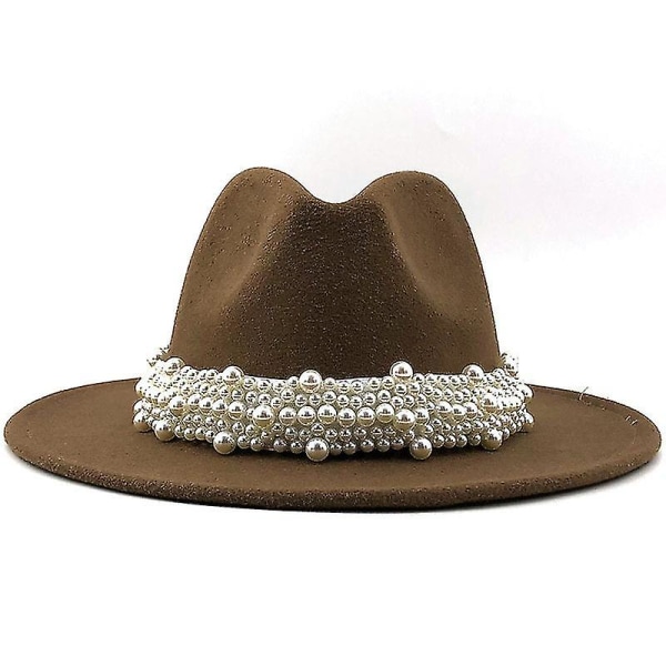 Dam Herr Ull Fedora Hatt Med Pärlband Gentleman Elegant Dam Vinter Höst Bred Brätte Kyrka Panama Sombrero Jazz Cap 60cm khaki 58-61CM