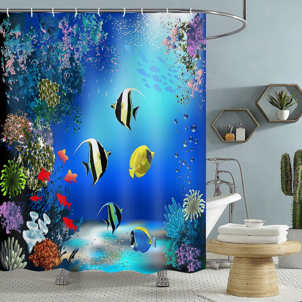 Ocean Kids Badrum Undervattensduschdraperi, färgglad tropisk fisk Korallhav Djurtyg Blå dusch