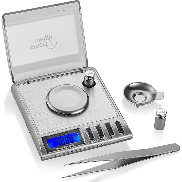 Smart Weigh Gem20-20g X 0,001 grammaa, erittäin tarkka digitaalinen milligramma koruvaaka, uudelleenladattava, koru- ja jalokivivaaka, kalibrointipainot ja pinsetit