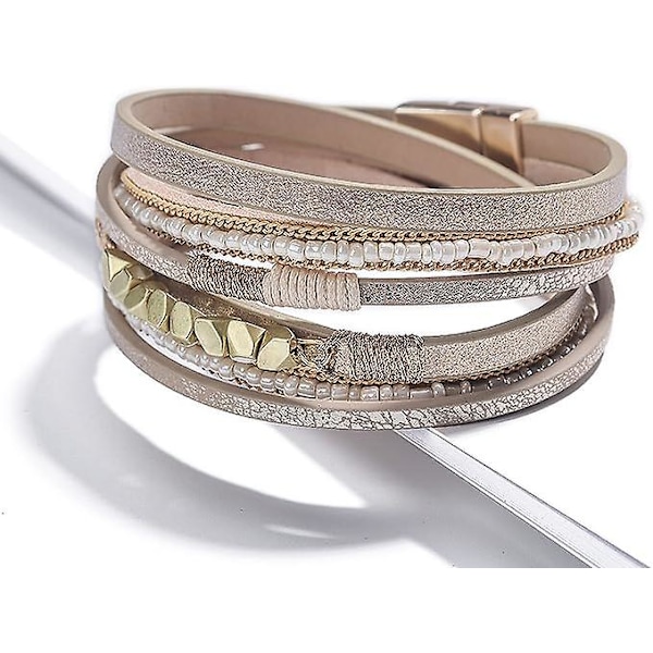 Læderarmbånd til kvinder, Boho Leopard flerlags krystalperler manchetarmbånd smykker