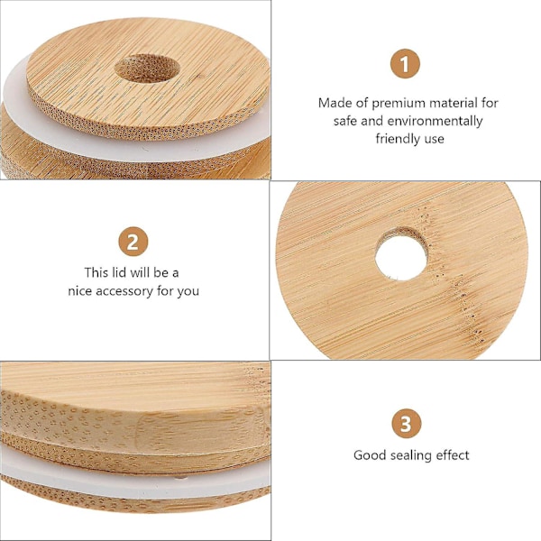8 stk. Gjenbrukbare bambus krukkelokk 70MM Bambus Mason krukkelokk med sugerørhull for Mason krukke med bred åpning (8 stk.)