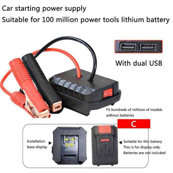Bil Jump Starter - Multifunksjonell, Litium, Booster, USB, Strømomformer C