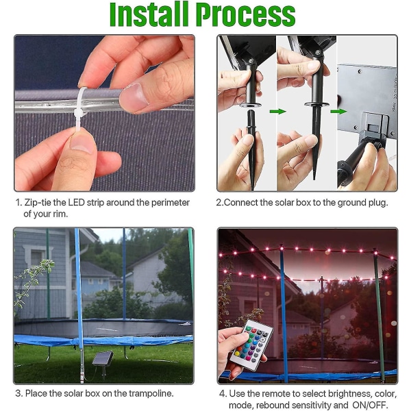 Led trampoliinivalot aurinkopaneelilla, kaukosäätimellä trampoliinivanteen led-valo 12 Ft trampoliinille, 16 värinvaihto itse, vedenpitävä, kirkas