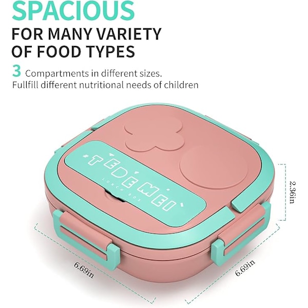Matboks for Bento Boks Mat Rustfritt Stål 3-Rom Design Bærbart Håndtak Lekkasjesikker (Rosa)