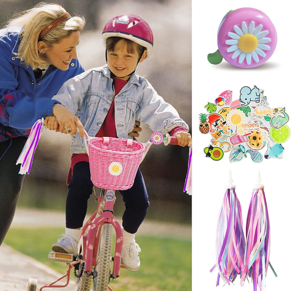 Sykkelkurv for barn foran Vevd flettet sykkelkurv med styrestreamere Pink