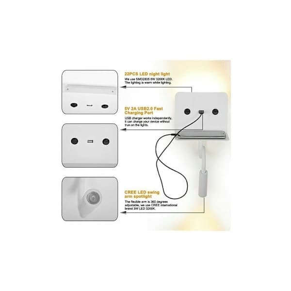 Væglampe + 3W LED læselampe med USB-port Sort - Sort