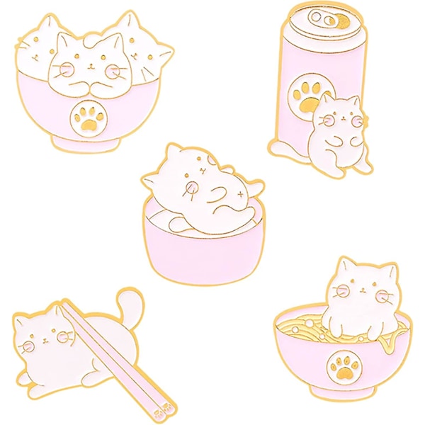 Rosa Katt Emaljnålar för Kvinnor Flicka Söta Djur Emalj Broschnålar för Jackor Tecknad Chopsticks Burkar Stor Skål Nudlar Katt Emalj Brosch Badge DIY Ac