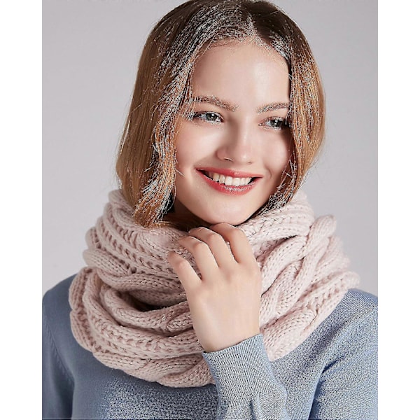 Dam Tjock Ribbstickad Vinter Infinity Cirkel Loop Halsduk Premium Twist Light Pink