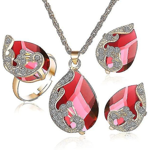 Teardrop Rhinestone hänge halsband smycken Set med 4 röda