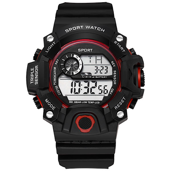 Ulkokäyttöinen elektroninen watch, iso kellotaulu monitoiminen valaiseva watch punainen red