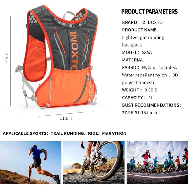 Løpevest med hydrering for menn og kvinner, løpesekk med 3L vannbeholder, egnet for terrengløp, maraton og fotturer