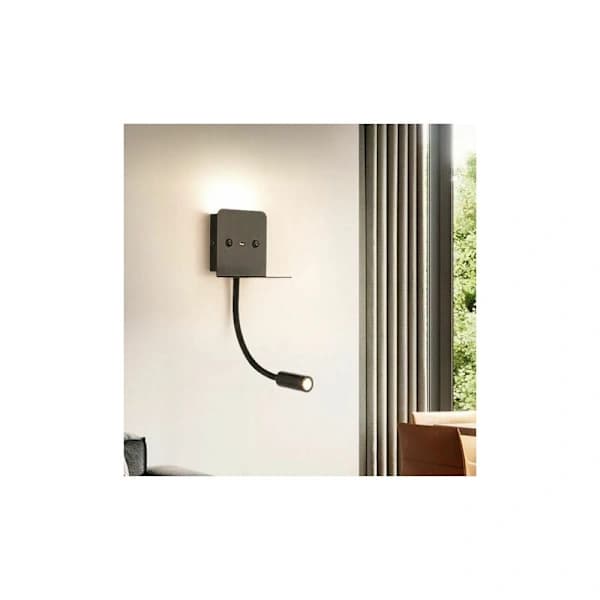 Væglampe + 3W LED læselampe med USB-port Sort - Sort