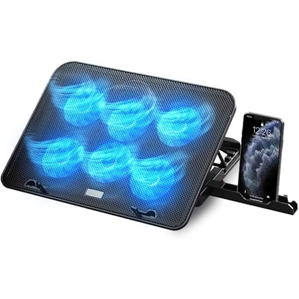 Laptop Køleplade - 12-17 Tommer Laptop Køleplade med 5 Justerbare Højdestativer, 6 Støjsvage Blæsere, 2 USB-porte, Hurtig Køling, Blåt LED-lys - Sort