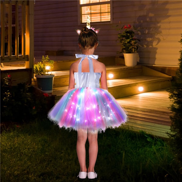 Børnepige Unicorn Kostume LED Lys Tutu + Pandebånd Kostume Sæt Cosplay Karneval Fødselsdagsfest 6T