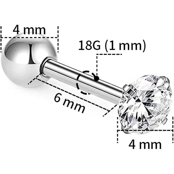Katea 2 stk. Unisex Klar Cubic Zirconia Gem Stainlss Stål Barbell Øredobb, Cartilage Helix Øredobb, Stud Øredobb, Labret Studs (rund)