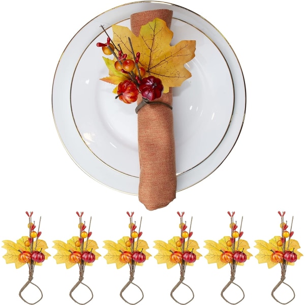 6 Pack Thanksgiving Leaf Pumpkin Lautasliinapidikkeet Metalliset lautasliinasormus koristeet joulujuhliin, pöytäkoristelu (kurpitsanlehtisormus)